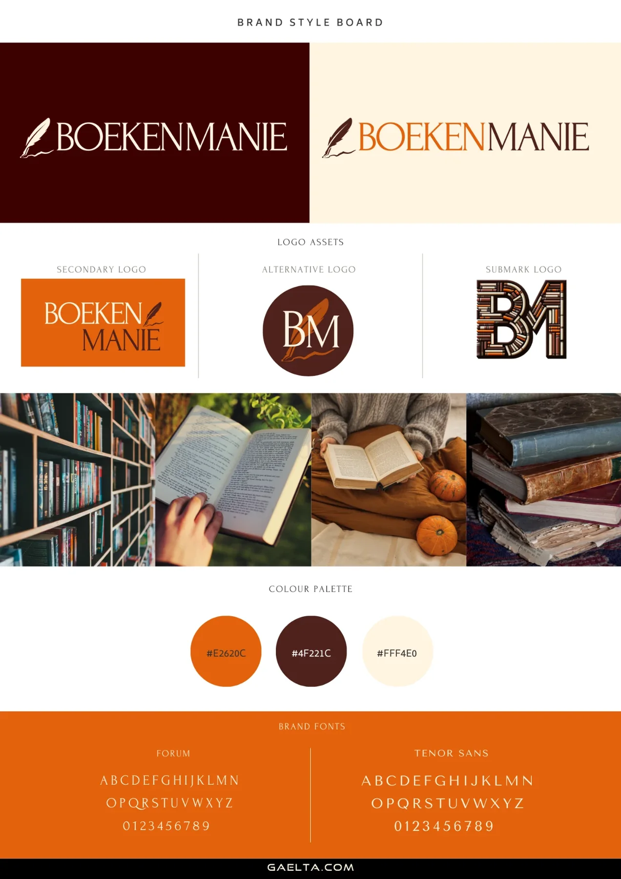 Brandboard Boekenmanie s logami, fotografiami, farbami a fontmi