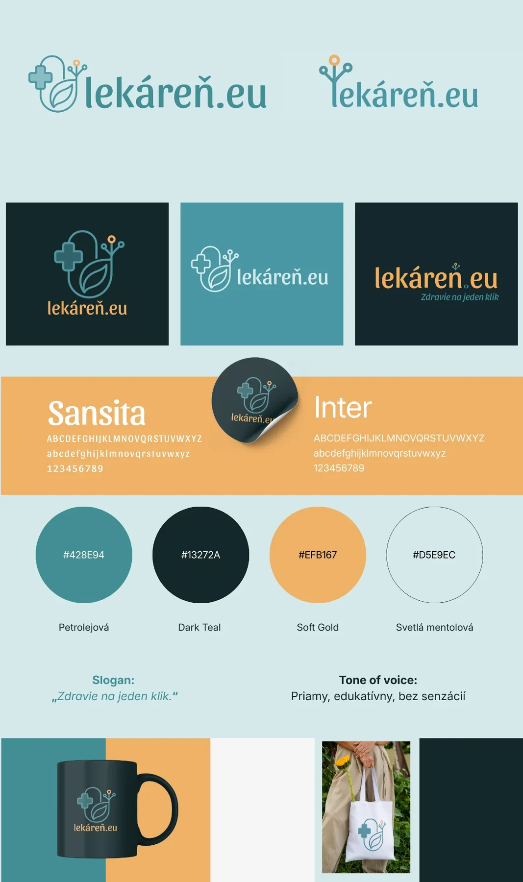 Brandboard Lekáreň.eu s logom, farbami a aplikáciami značky