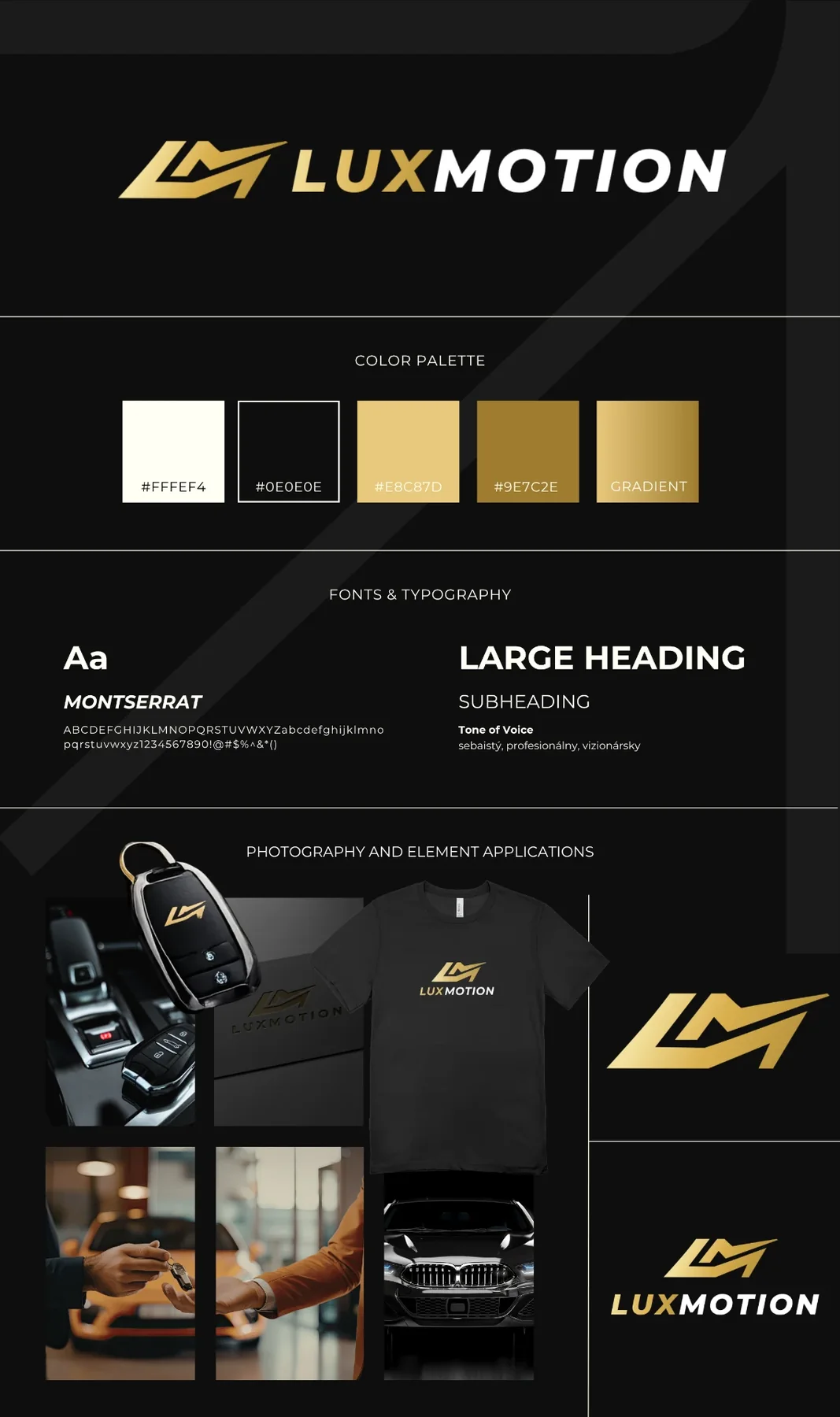 Brandboard LuxMotion s logom, farebnou paletou a aplikáciami značky