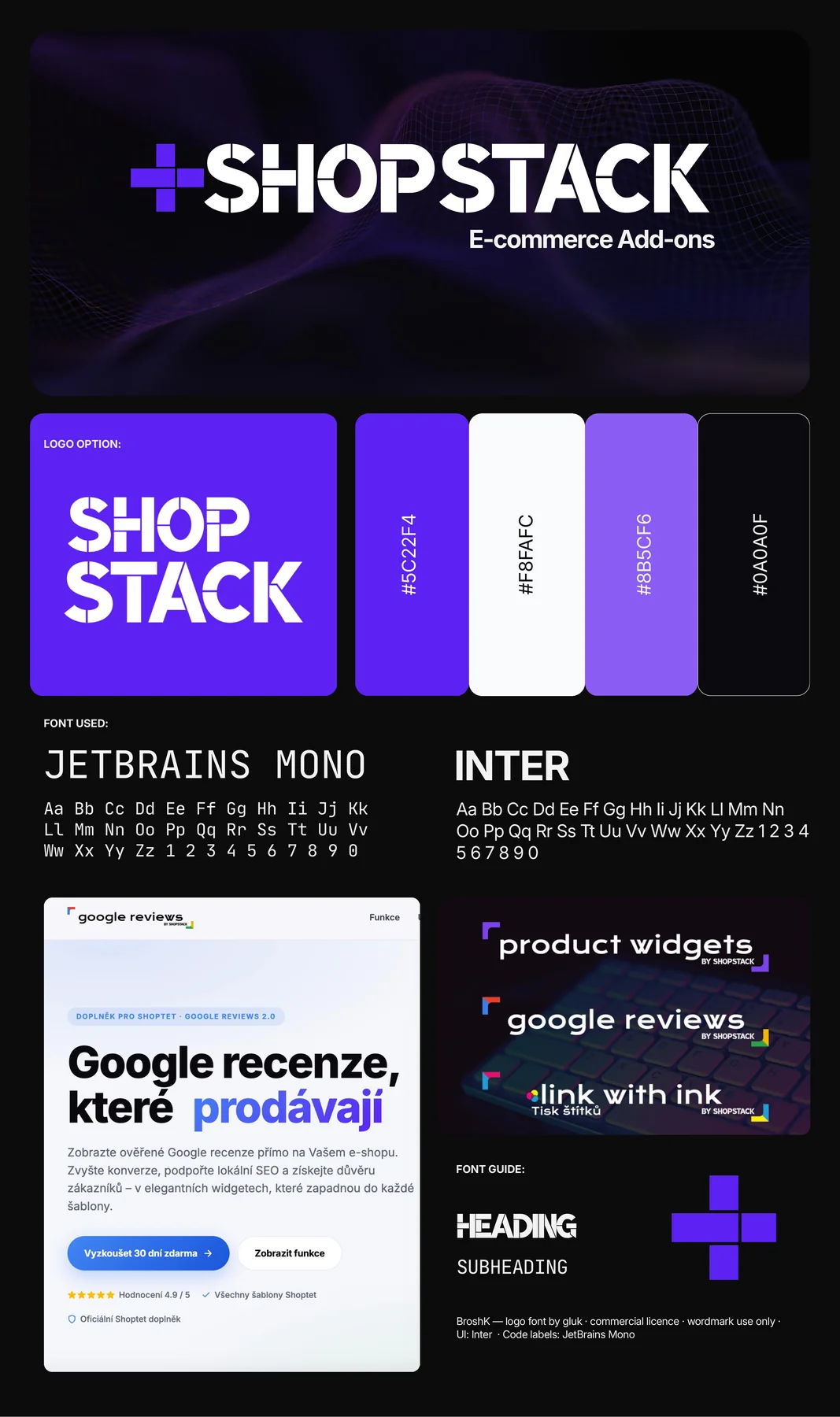 Brandboard Shopstack s logom, farbami a typografiou