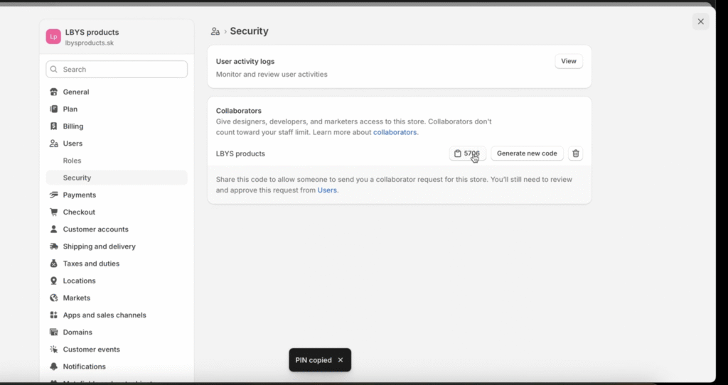 Kde nájsť Collaborator request code v Shopify administrácii