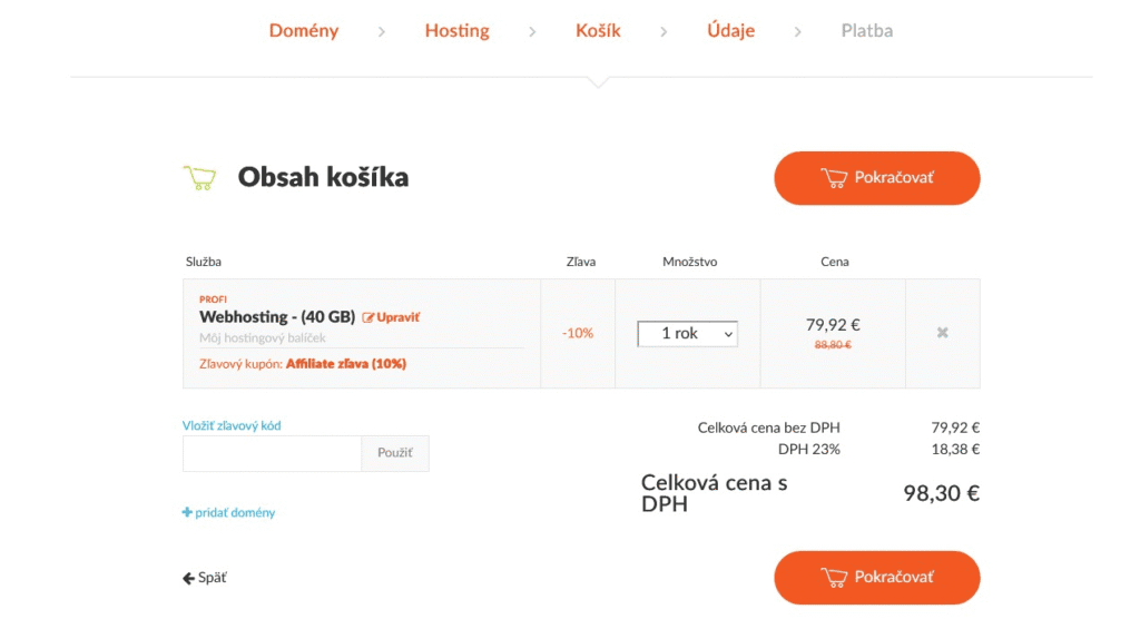 Zadanie zľavového kódu v košíku HostCreators