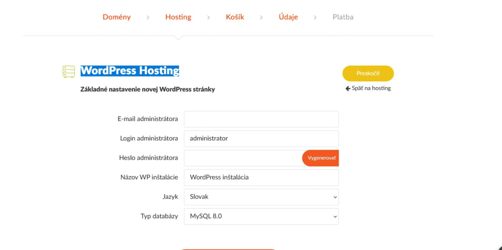 Voliteľný krok WordPress hosting