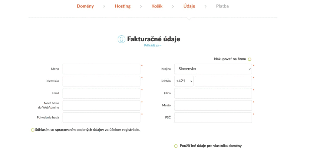 Vyplnenie fakturačných údajov na HostCreators